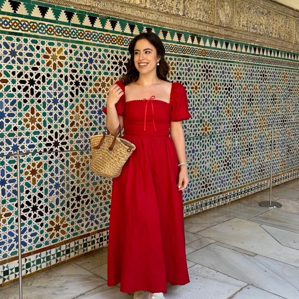 Reformation Marella Linen Dress in Cherry